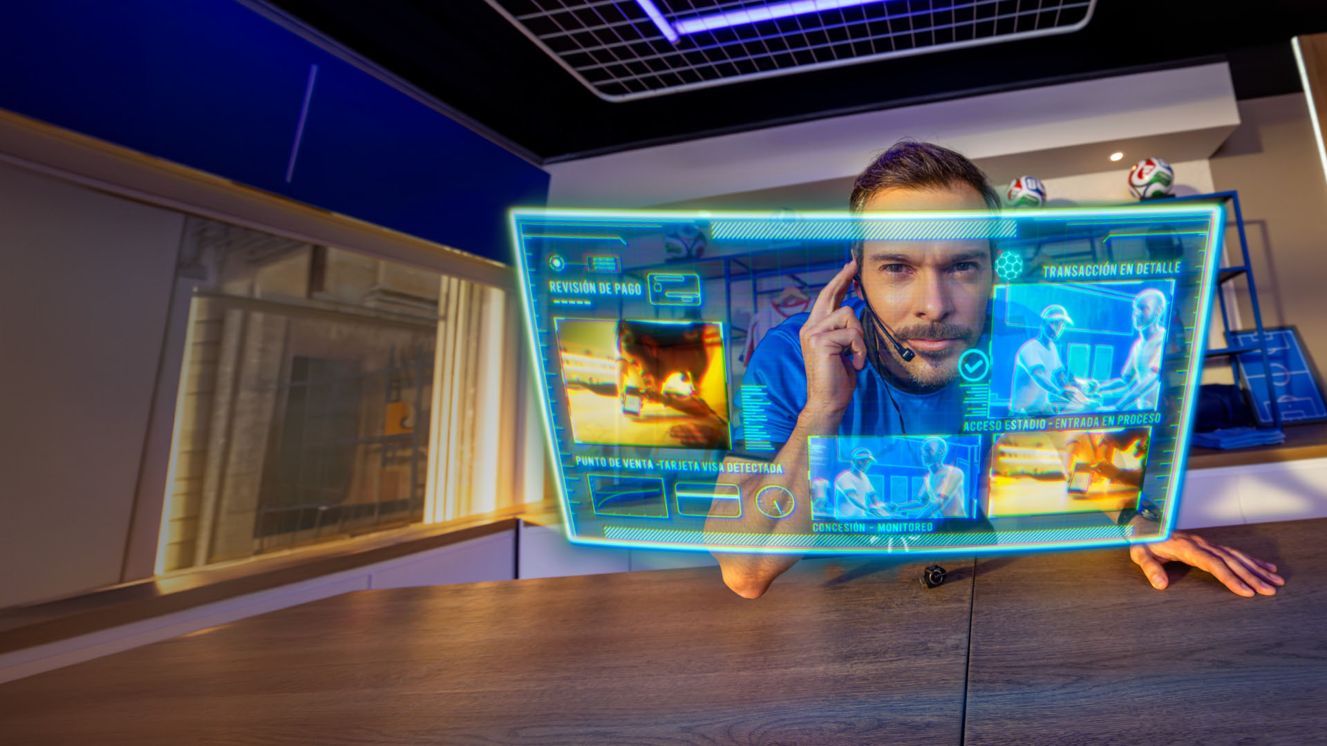 Hombre mirando una pantalla virtual