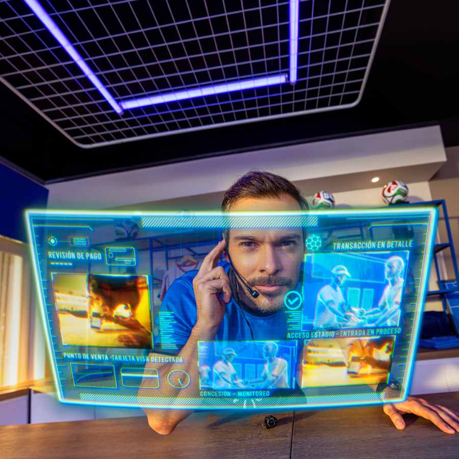 Hombre mirando una pantalla virtual